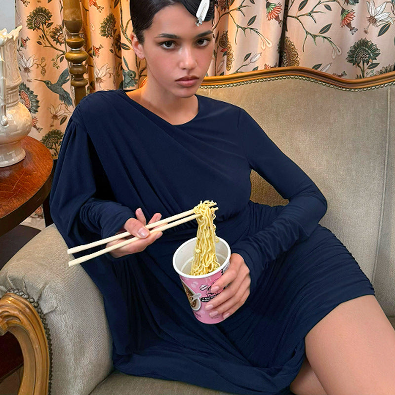 MB1414 Navy Blue Ruched Bodycon Mini Dress for Women