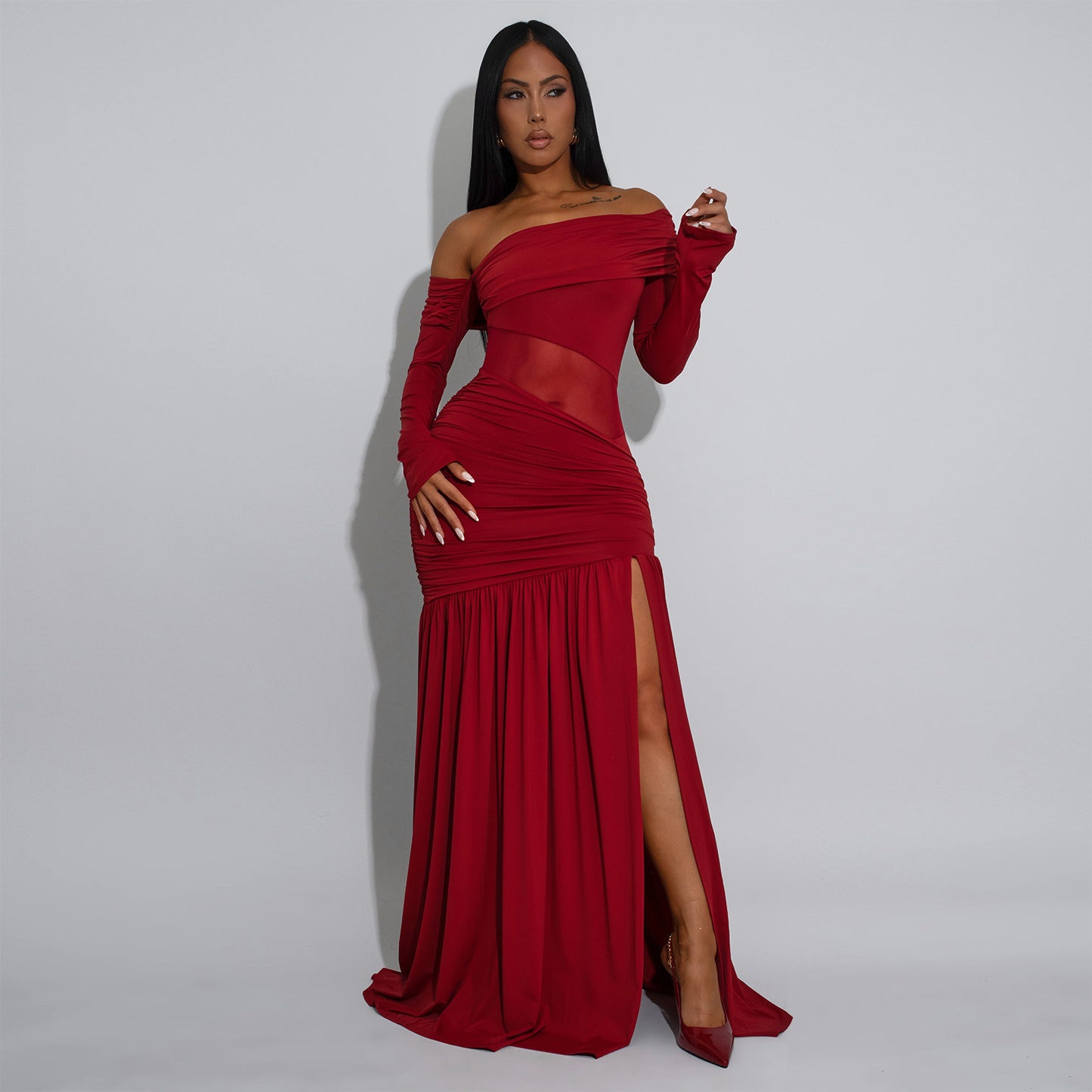 MB1614 Off-the-Shoulder Mesh Cutout Ruched Maxi Dress with Slit