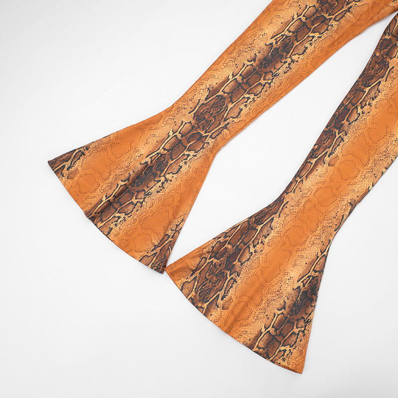 MB1431 Orange Snake Print Crop Top & Flared Bell Bottom Pants