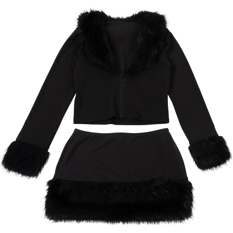 MB1153 Black Faux Fur Trim 2-Piece Set: Crop Top & Mini Skirt