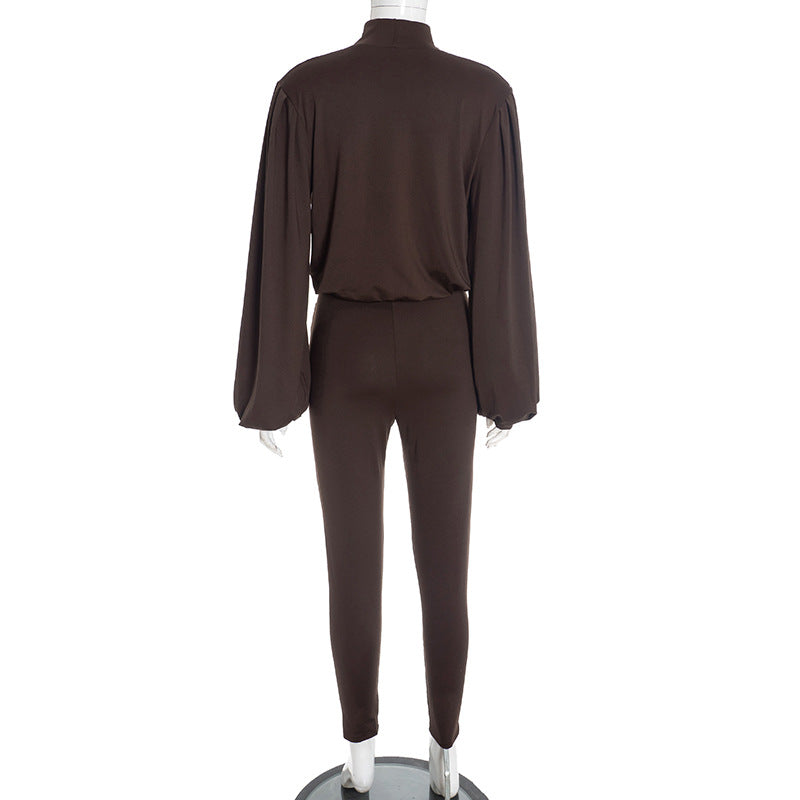 MB10137 Women’s Deep V Long Sleeve Top & Skinny Pants 2-Piece Set