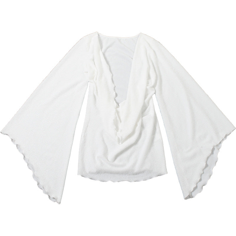 MB1129 White Plunging Cowl Neck Bell Sleeve A-Line Mini Dress