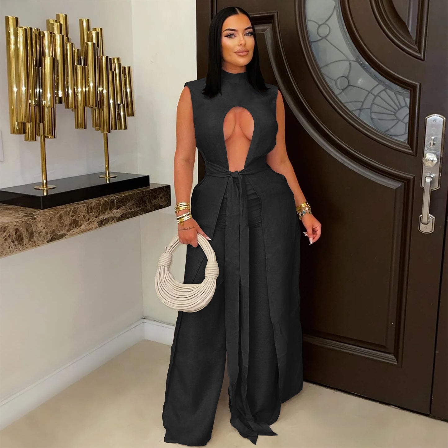 MB1609 Sleeveless High Neck 2-Piece Pants Set