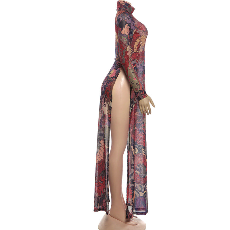 MB1837 Sexy High Neck Long Sleeve Sheer Maxi Dress with Japanese Ukiyo-e Dragon Print