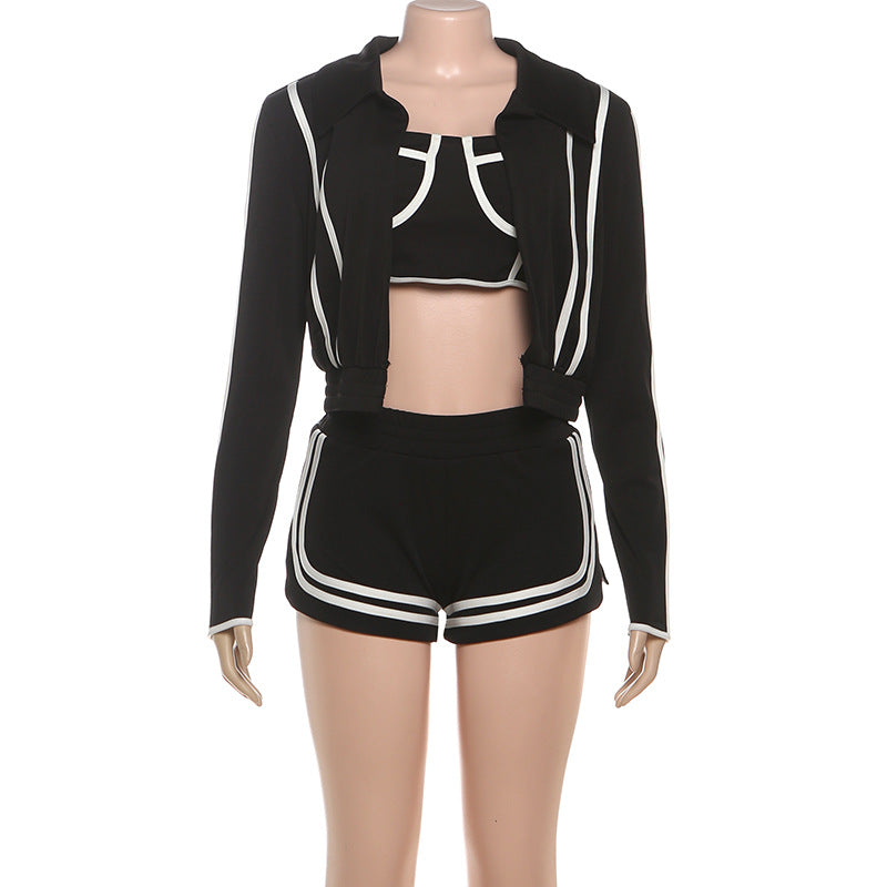 MB1803 Women's Cropped Jacket + Strappy Crop Top + High-Waisted Shorts Three-Piece Outfit