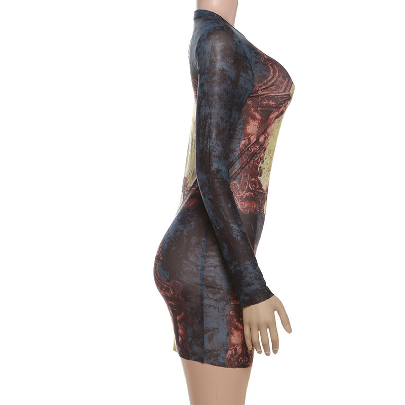 MB1139 Vintage Print Sheer Mesh Bodycon Mini Dress