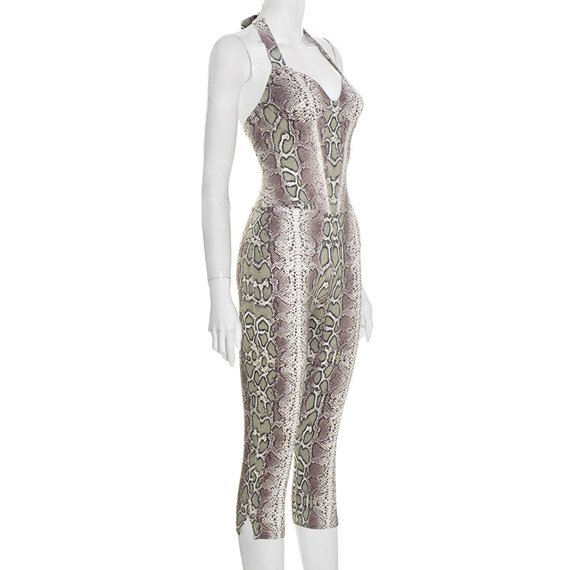 MB1407 Snake Print Halter Capri Jumpsuit for Women