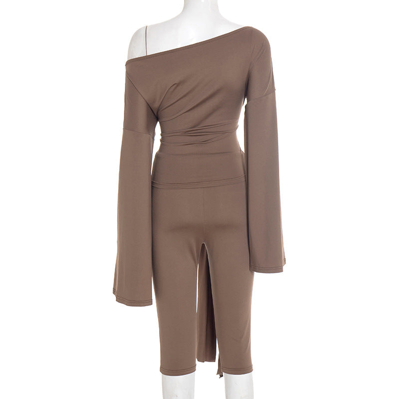 MB1404 Solid Color Top & Tie-Front Capri Pants 2-Piece Set for Women