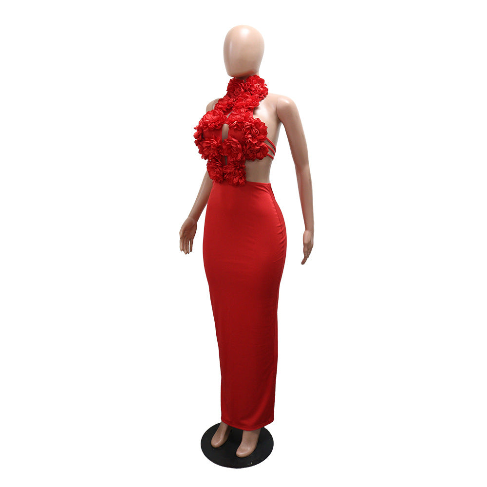 MB1227 Red 3D Floral Applique Halter Maxi Dress | Backless Bodycon Evening Gown