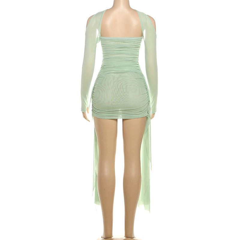 MB1808 Women's Ruched Tulle Sleeve Mini Dress