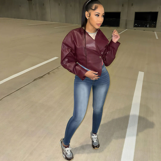 MB1131 PU Leather Cropped Blazer for Women