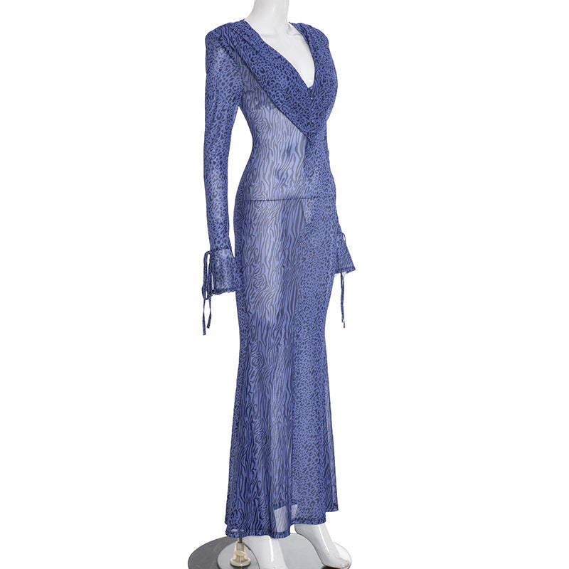 MB1403 Blue V Neck Mesh Maxi Dress for Women