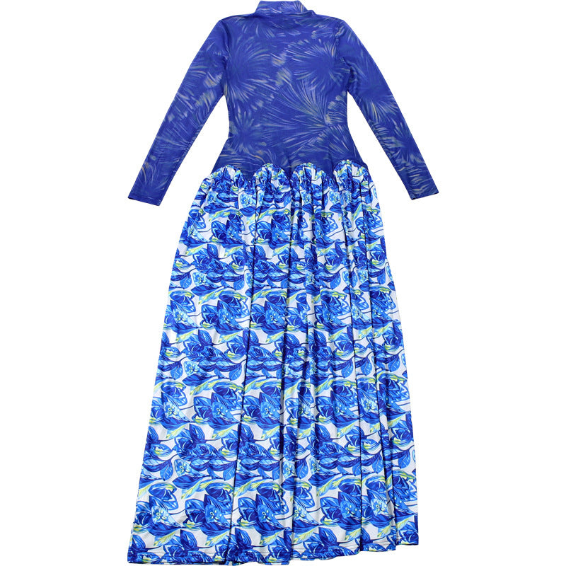 MB1814 Women's Blue Floral Milk Silk A-Line Maxi Dress