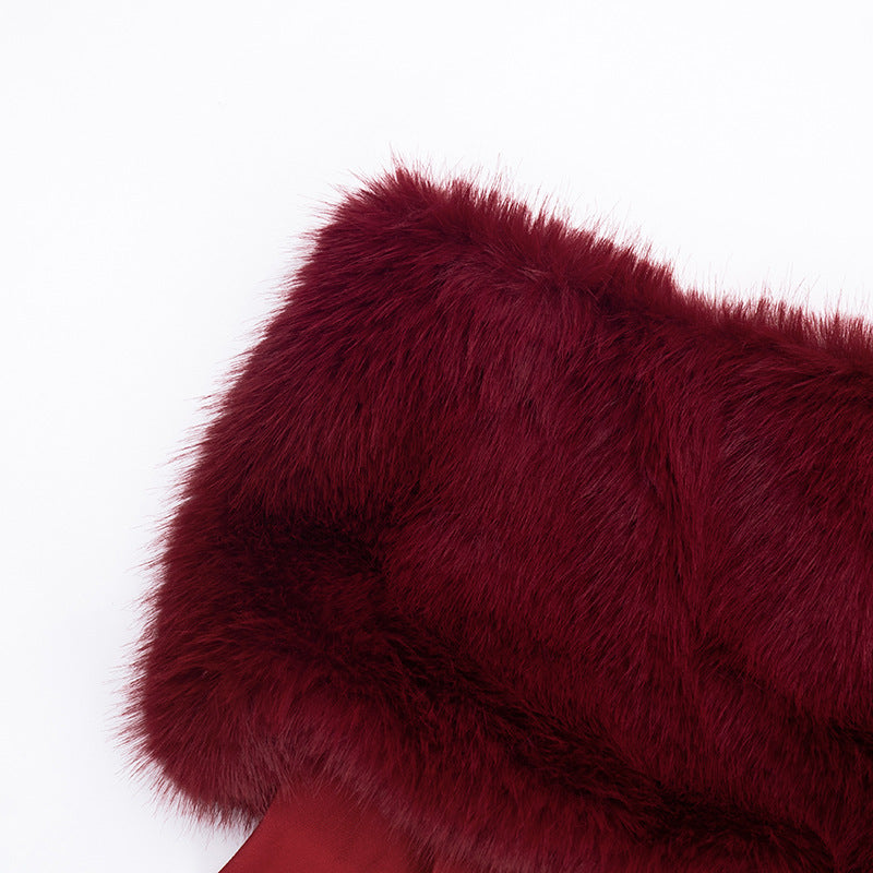 MB10140 Women’s Off-Shoulder Faux Fur Trim Cutout Jumpsuit