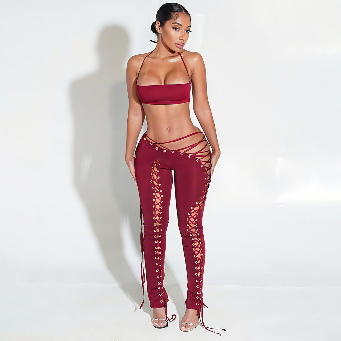 MB1807 Women's Nude Halter Bandeau Crop Top & Waist-Leg Lace-Up High-Waist Leggings Two-Piece Outfit