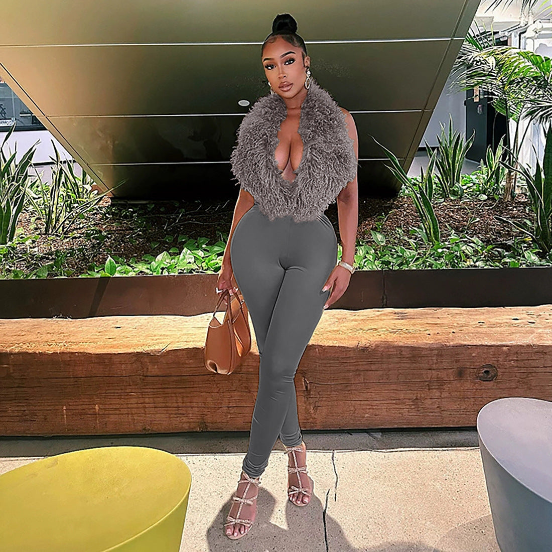 MB1801 Women's Faux Fur Trim Top & High Waist Leggings Two-Piece Outfit