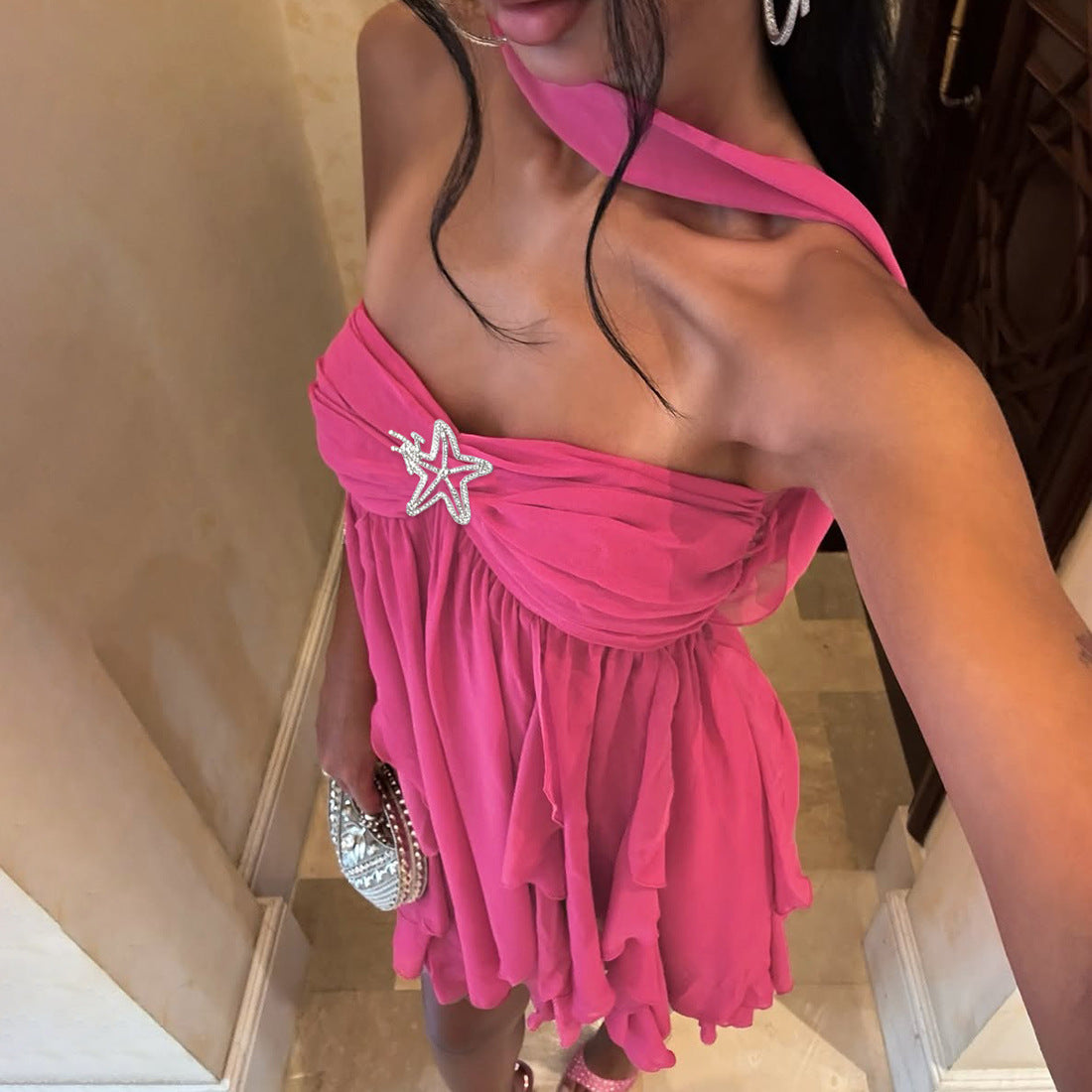 MB1113 Sexy Halter Backless Mini Dress with Ruffled Hem