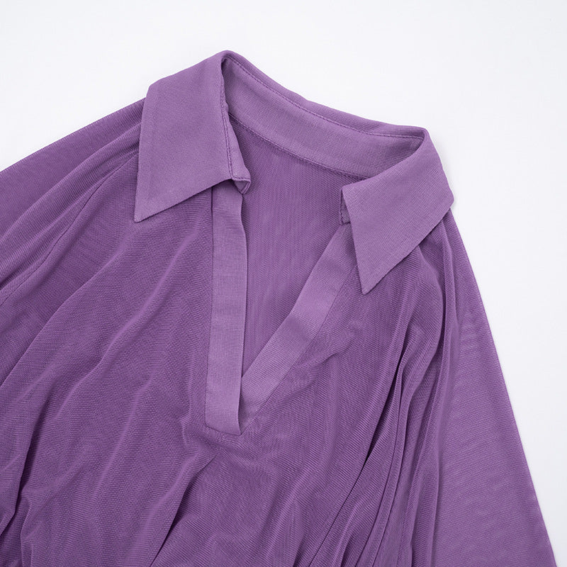 MB1401 Sheer Mesh Collared Crop Top & Mini Skirt 2-Piece Set