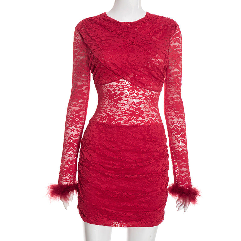 MB10117 Lace Sheer Bodycon Dress with Fur Cuff Detail