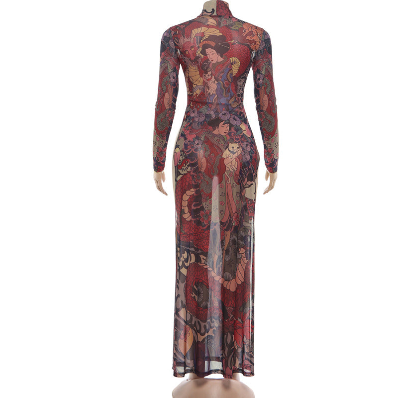 MB1837 Sexy High Neck Long Sleeve Sheer Maxi Dress with Japanese Ukiyo-e Dragon Print