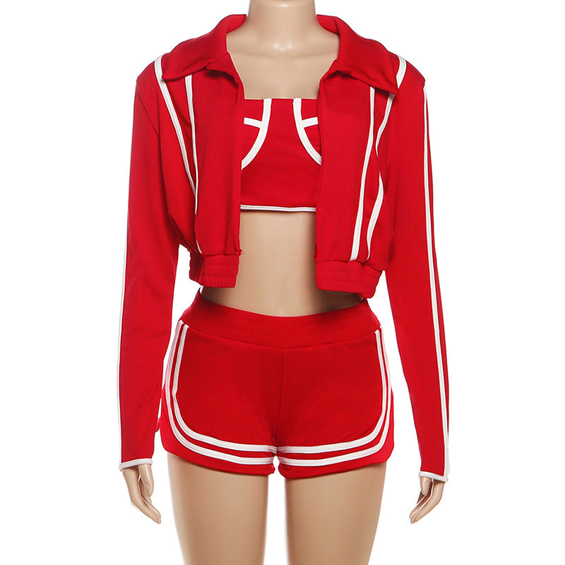 MB1803 Women's Cropped Jacket + Strappy Crop Top + High-Waisted Shorts Three-Piece Outfit