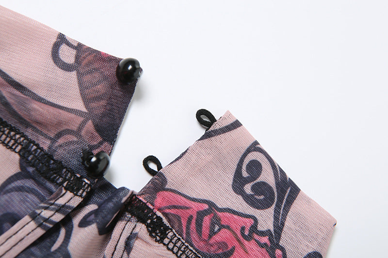 MB1112 Graphic Print Sheer Tight Backless Romper