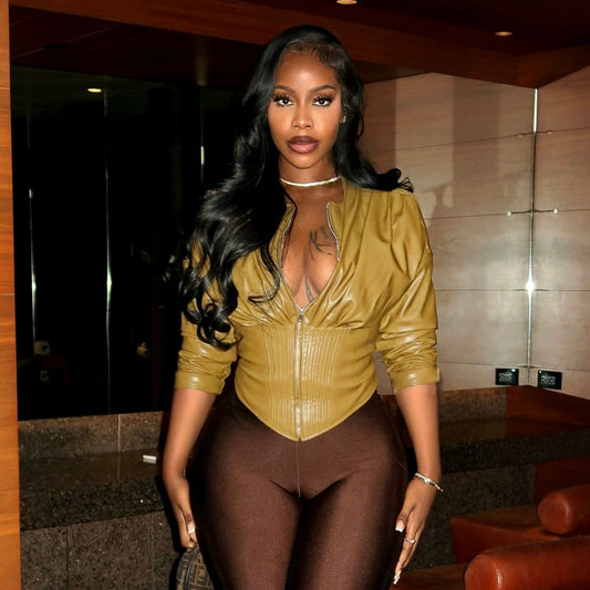 MB1840 Mustard Faux Leather Corset Crop Top | Long Sleeve Zip-Up Blouse