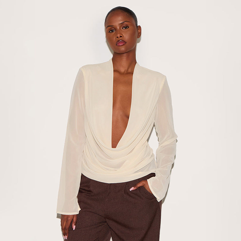 MB10104 Deep V-Neck Chiffon Long Sleeve Blouse for Women