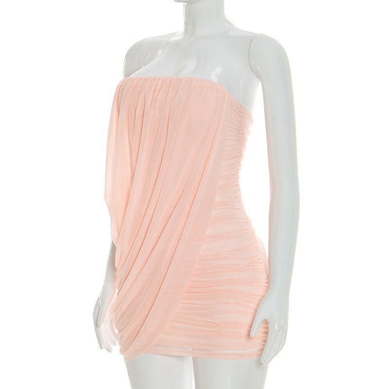 MB1460 Strapless Draped Ruched Mesh Mini Dress