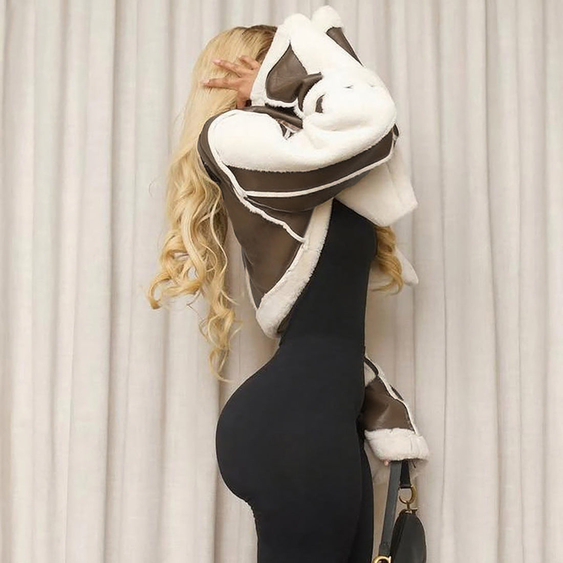 MB1133 PU Leather Shearling Collar Cropped Jacket