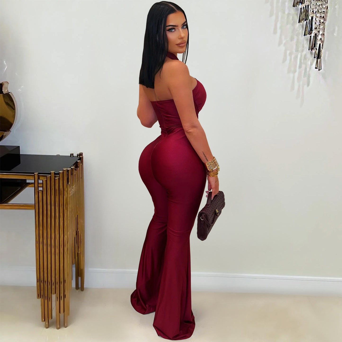 MB1603 Halter Formal Jumpsuit - Cutout Chest Crisscross Ruched Flared Leg