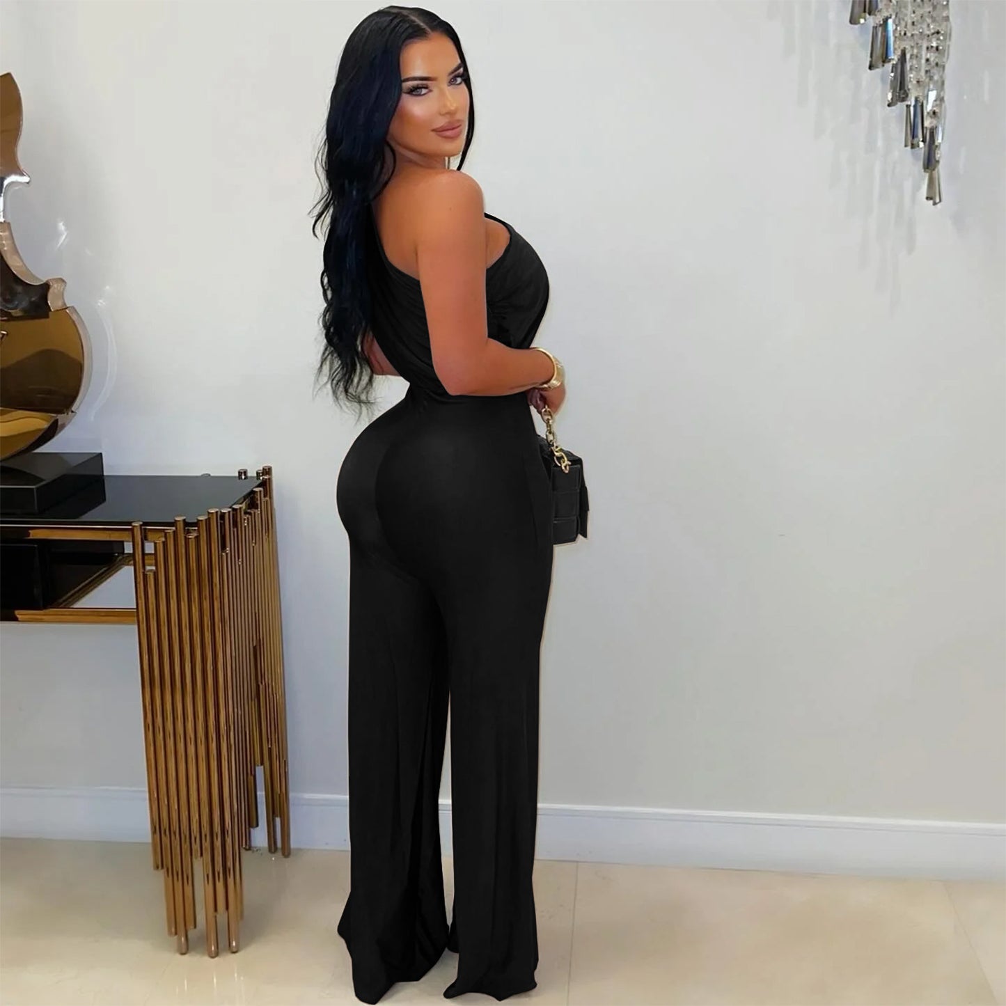 MB1616 One-Shoulder Satin Wide-Leg Jumpsuit