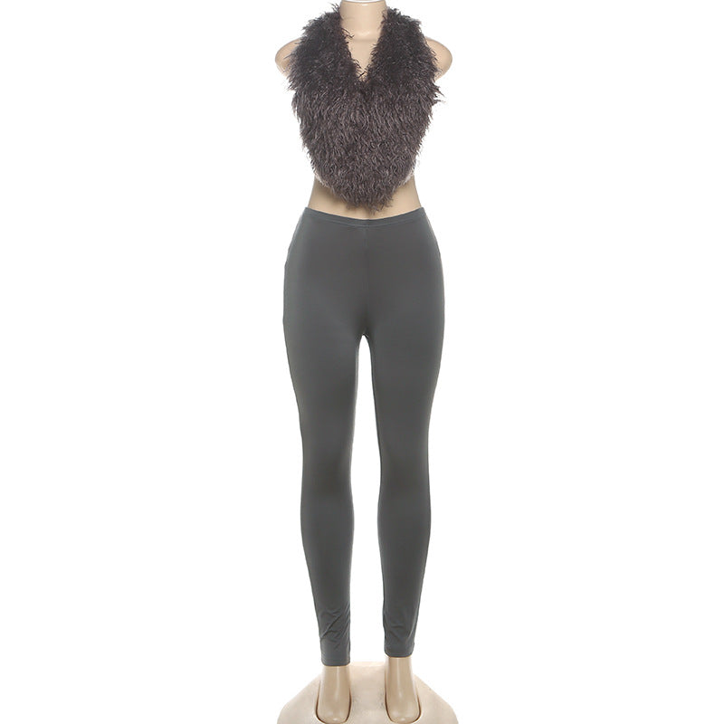MB1801 Women's Faux Fur Trim Top & High Waist Leggings Two-Piece Outfit