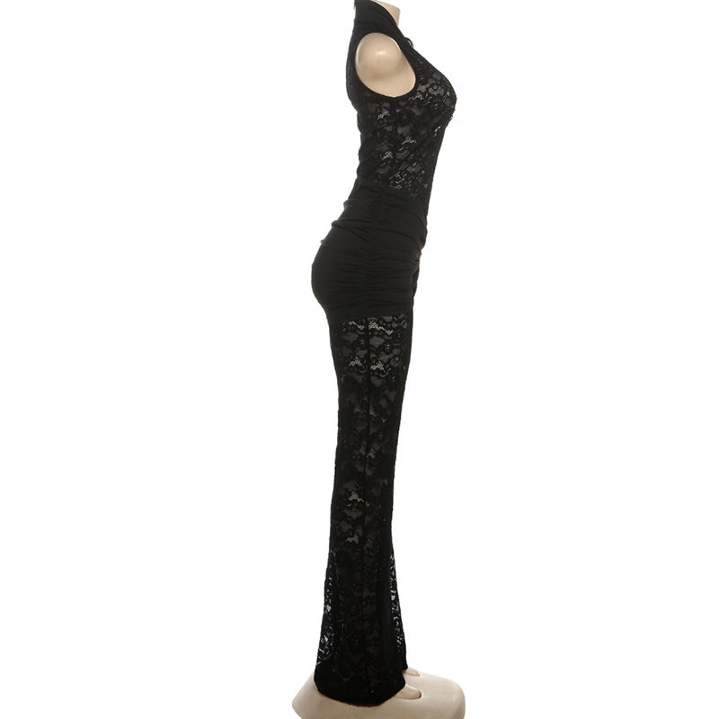 MB1122 Black Sheer Lace Sleeveless Flared Jumpsuit