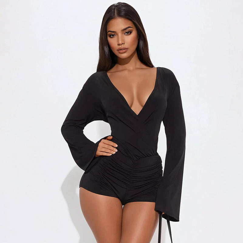 MB1451 Black Plunge V Neck Ruched Romper
