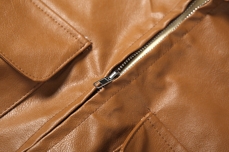 MB1137 Tan Cropped PU Leather Bomber Jacket with Cargo Pockets