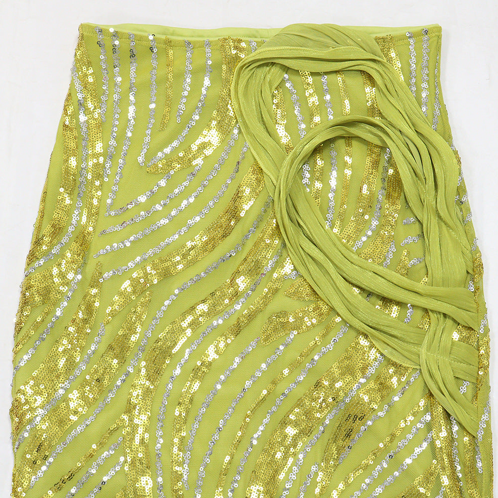 MB1219 Sequin One-Shoulder Crop Top & Bodycon Maxi Skirt Two Piece Set