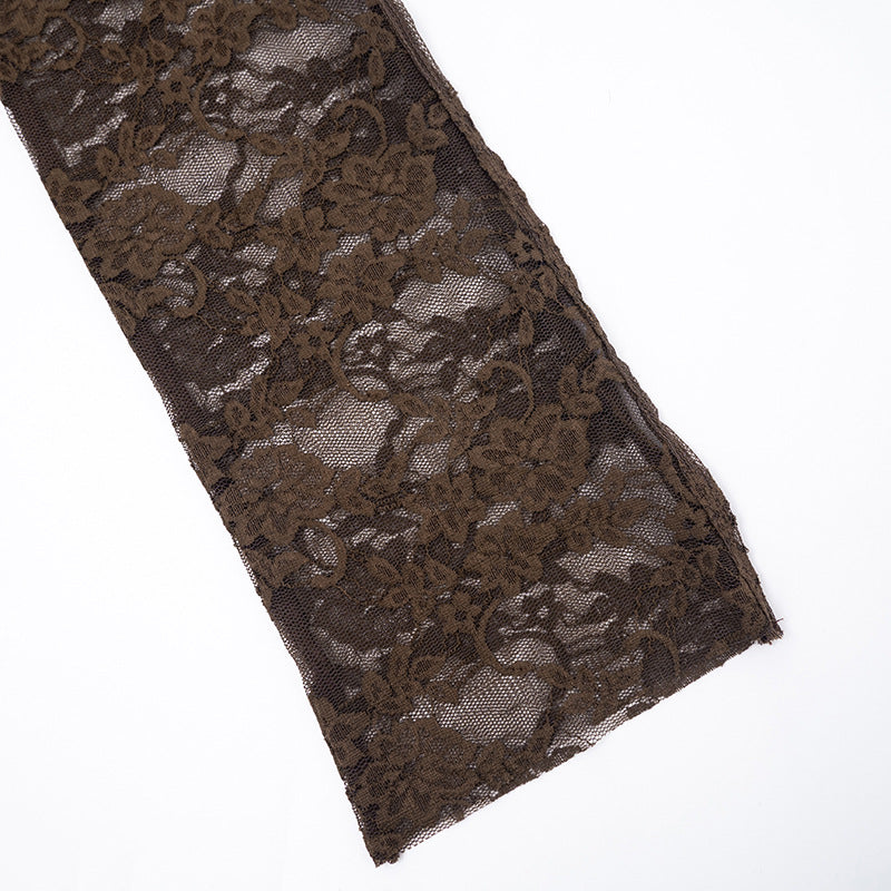 MB1415 Brown Lace Long Sleeve Mini Dress for Women