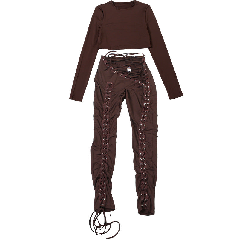 MB1810 Fitted Crop Top & Lace-Up Pants Two-Piece Outfit
