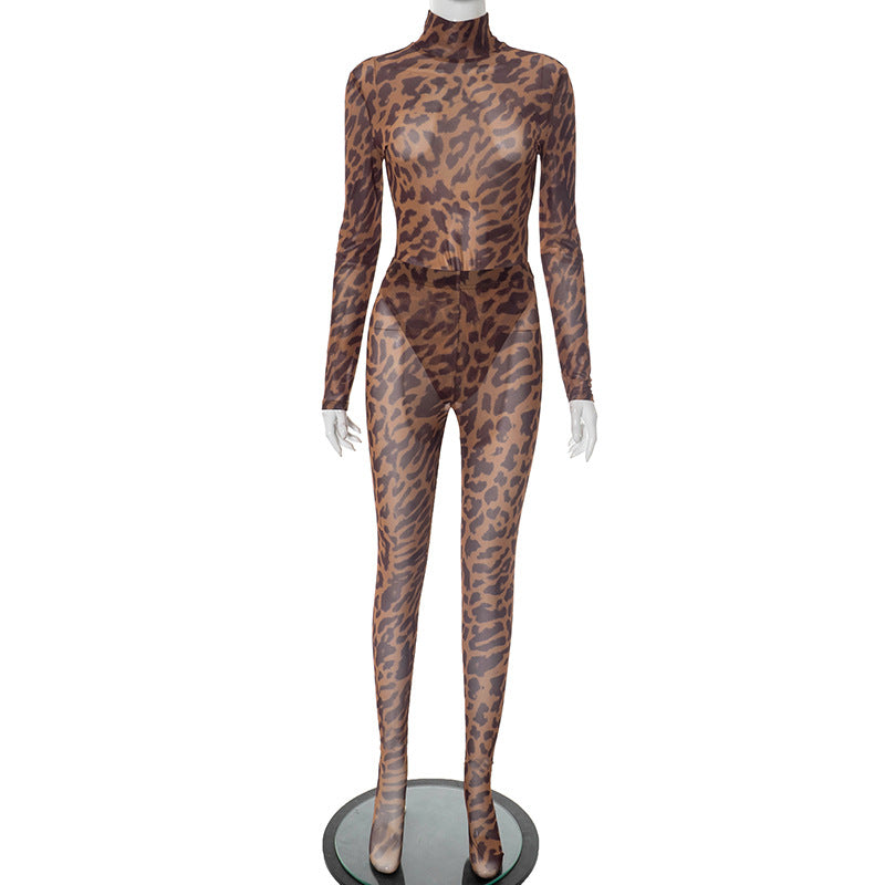 MB1060 Leopard Mesh Jumpsuit & Leggings Two-Piece Set for Women