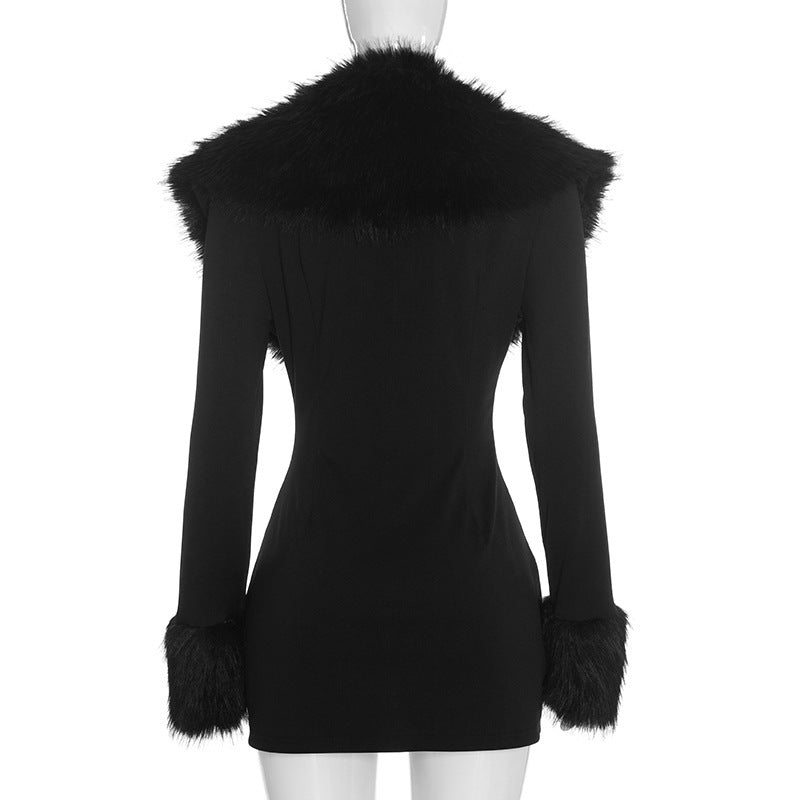 MB10210 Women Fuzzy Fur Collar Blazer Dress