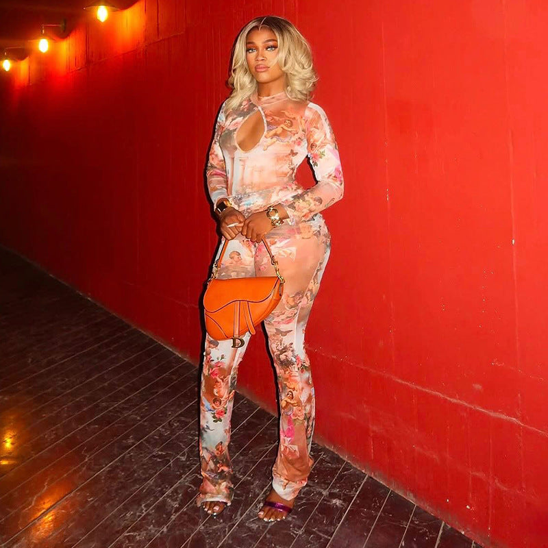 MB1090 Floral Angel Print Bodycon Jumpsuit