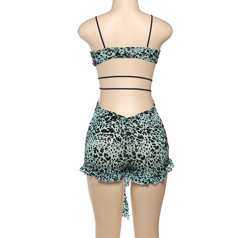 MB1502 Leopard Print Lace-Up Sheer Romper