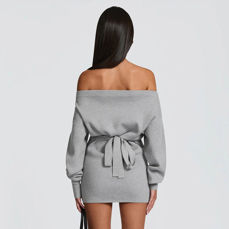 MB1441 Off Shoulder Knit Mini Dress with Tie Waist and Balloon Sleeves