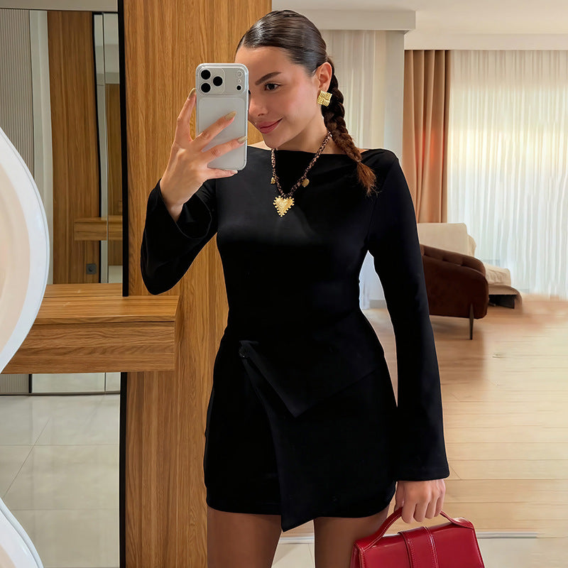 MB1454 Boat Neck Long Sleeve Dress & Wrap Mini Skirt 2 Piece Set