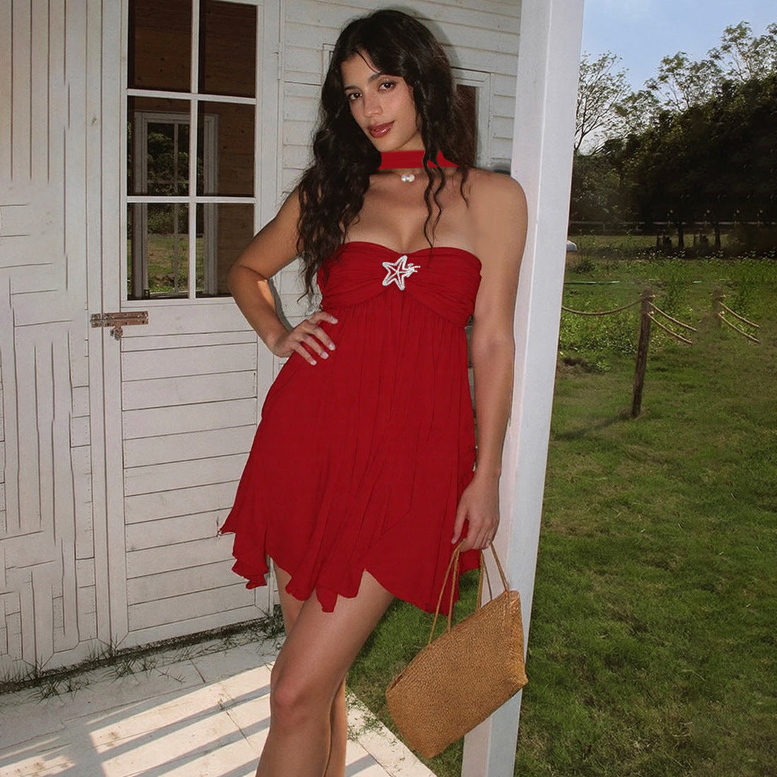 MB1113 Sexy Halter Backless Mini Dress with Ruffled Hem