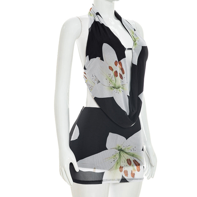 MB10183 Women Lily Floral Print Mesh 2 Piece Outfit, Cowl Draped Halter Backless Tie‑Up Top High‑Waist Skort Matching Set