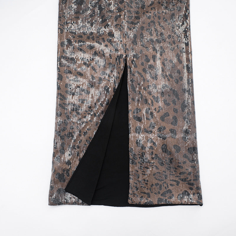 MB10108 Leopard Sequin Halter Backless Maxi Dress