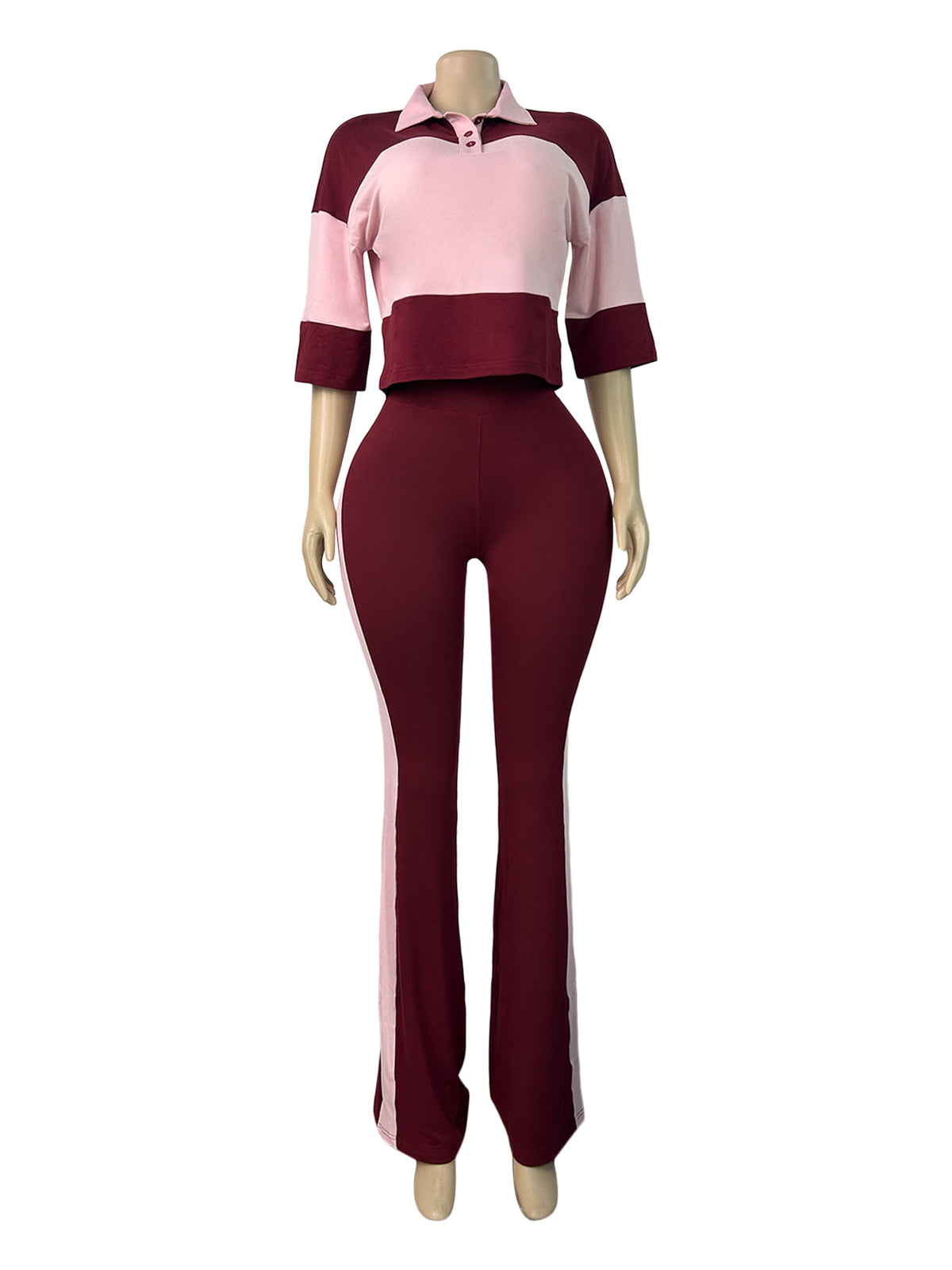 MB1736 Color‑Block Cropped Polo Top & Side‑Stripe Flare Pants 2‑Piece Set
