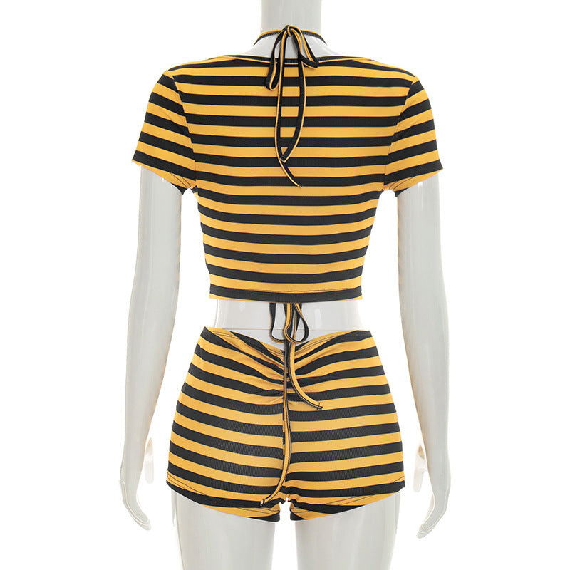 MB10164 Striped 3 Piece Outfit Women | Halter Tie Bralette + Short Sleeve Crop Top + Ruched Drawstring Shorts Matching Set